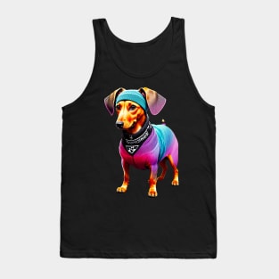 Cute Dachshund in Colorful Handmade Knitted Clothes and Headband Tank Top